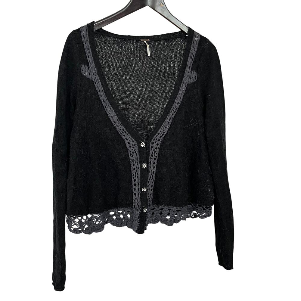 Free People M Black Alpaca Wool Blend Crochet Trim Cardigan Jeweled Buttons